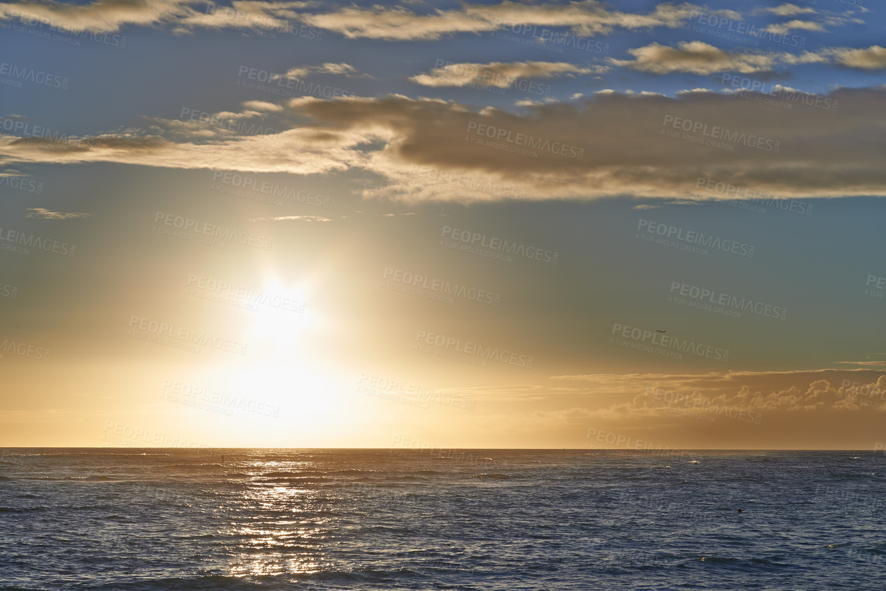 Buy stock photo Sunset, ocean and blue sky with water in nature landscape for natural environment of tropical horizon in summer. Beach, sunrise and clouds with sea waves, peace and morning inspiration for adventure