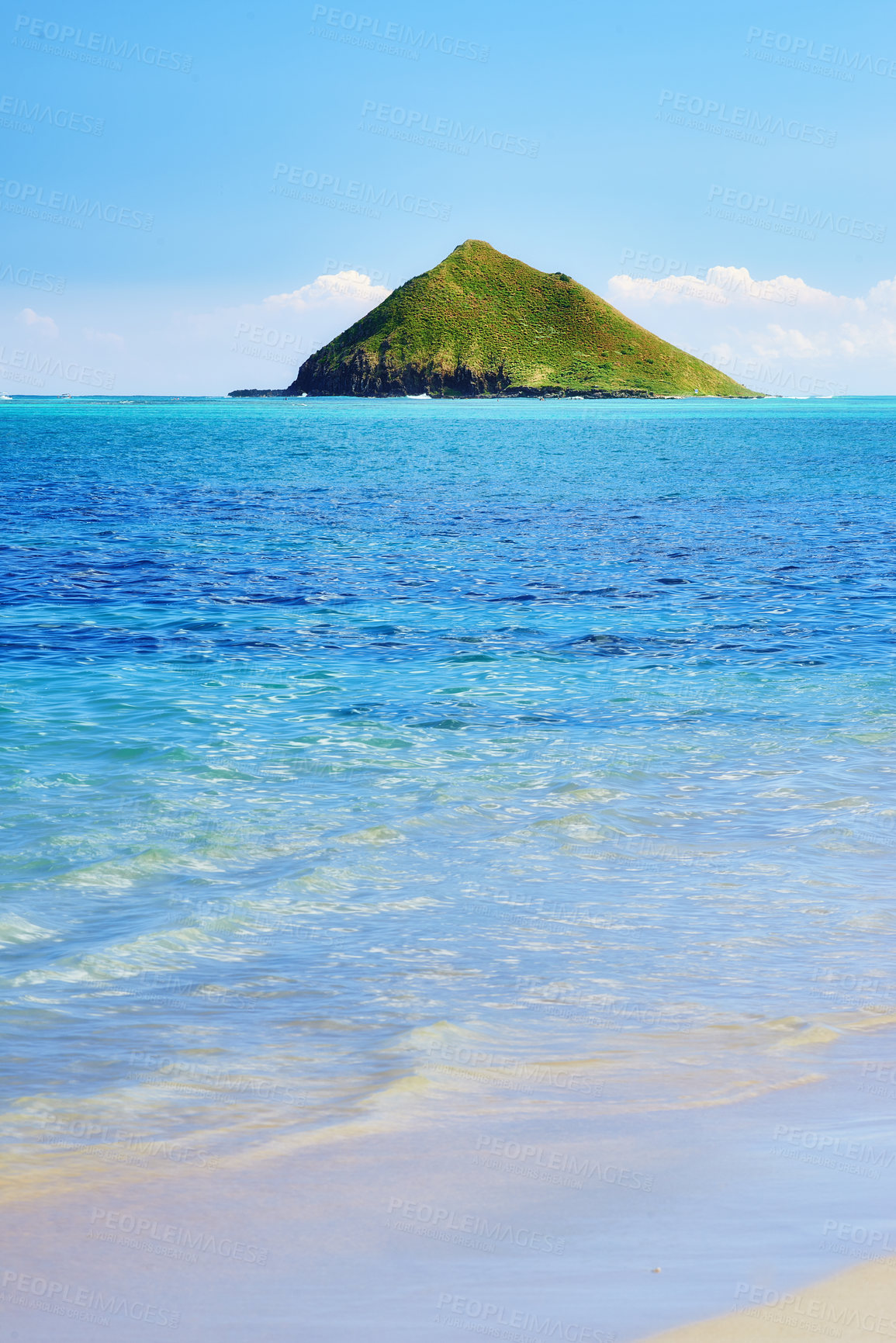 Buy stock photo Island, tropical and mountain with ocean in nature, paradise environment background or Maldives lagoon destination. Blue sky, water and pacific peace, palm vacation and travel adventure of location

