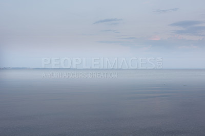 Buy stock photo Sky, earth and background with ocean in nature for outdoor environment, peace and calm water. Coast, clouds and wallpaper of sea at sunset for ecology, climate and travel destination in Cancun