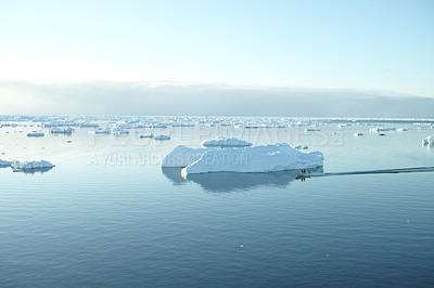 Buy stock photo Boat, water and glacier in nature for adventure, travel and movement in environment with people. Earth, iceberg and watercraft for expedition and scientists in Alaska for research and monitoring ice