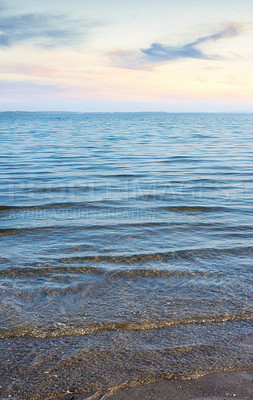 Buy stock photo Beach, water and background with waves in nature for outdoor environment, summer and peace. Coast, clouds and blue sky with sea at sunset for island, wallpaper and travel destination in Cancun