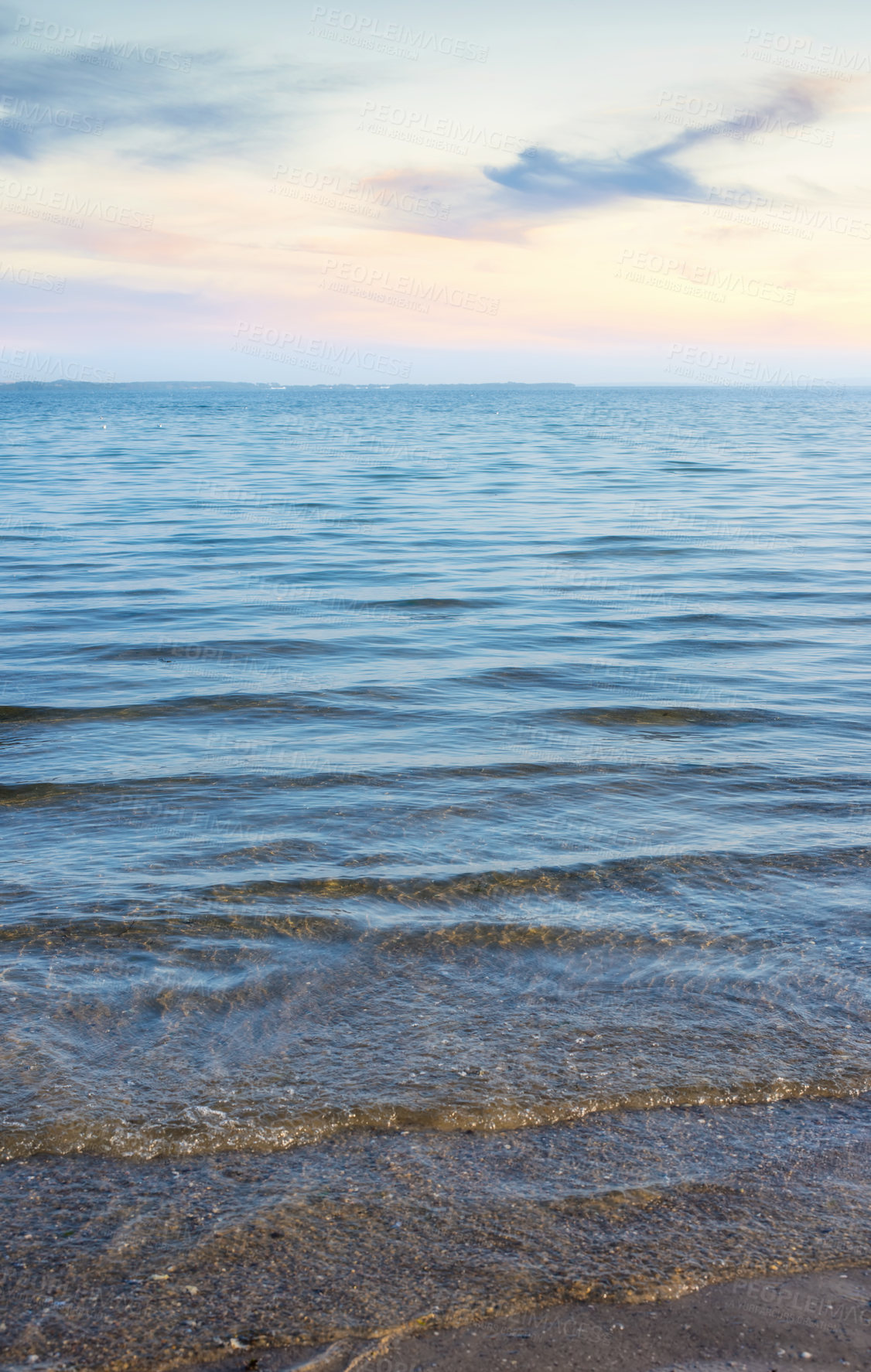 Buy stock photo Beach, water and background with waves in nature for outdoor environment, summer and peace. Coast, clouds and blue sky with sea at sunset for island, wallpaper and travel destination in Cancun