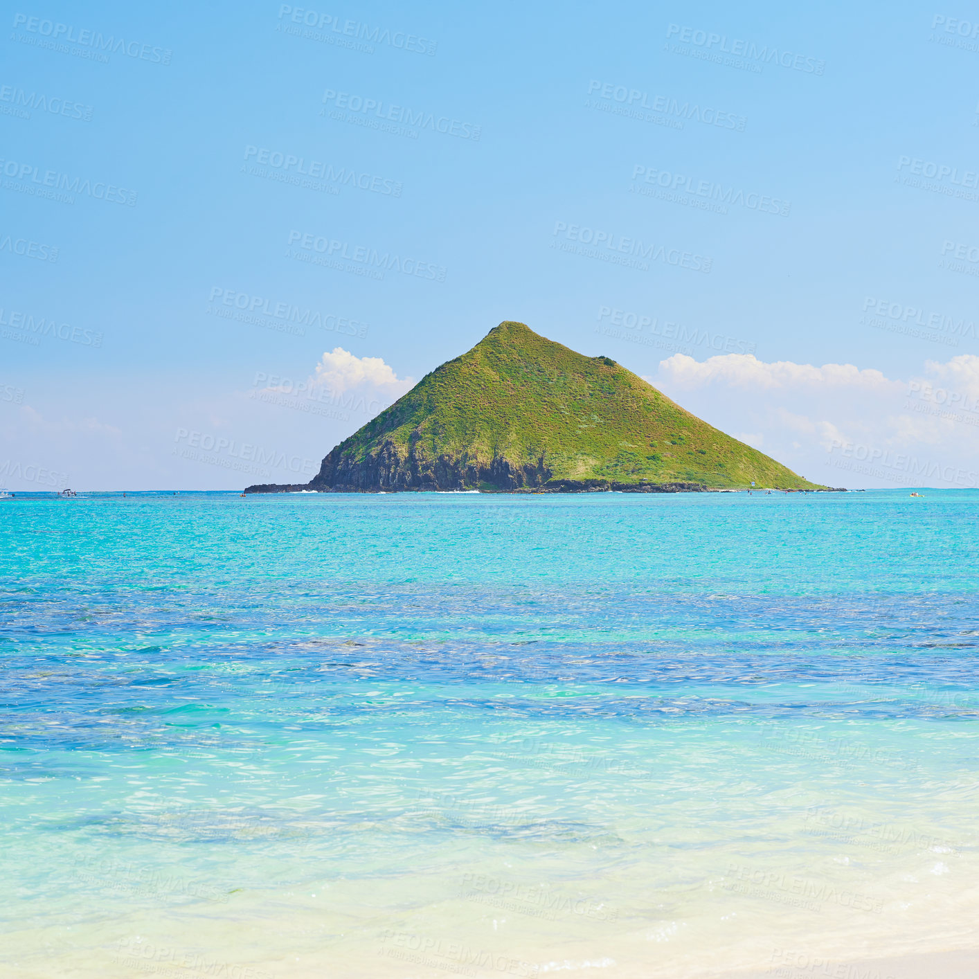 Buy stock photo Tropical, island and ocean with blue sky in nature, paradise environment background or Maldives lagoon destination. Beauty, water and pacific peace, palm vacation and travel adventure of location