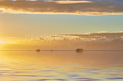 Buy stock photo Sunrise, ocean and orange sky with clouds in nature wallpaper, twilight and serene environment of tropical horizon. Beach, sunset and calm with sea water, peace outdoor and adventure view background