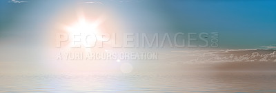 Buy stock photo Sun flare, ocean and blue sky with water in nature wallpaper for natural environment of tropical horizon in summer. Beach, sunrise and paradise for peace sea outdoors and view background of adventure