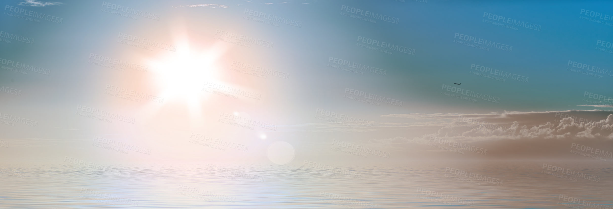 Buy stock photo Sun flare, ocean and blue sky with water in nature wallpaper for natural environment of tropical horizon in summer. Beach, sunrise and paradise for peace sea outdoors and view background of adventure