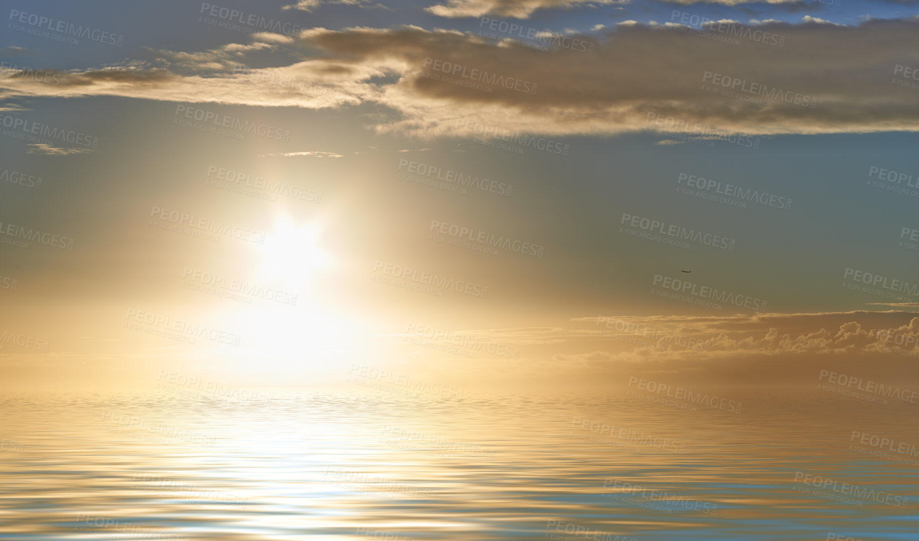 Buy stock photo Sunrise on the horizon, light rays shining on calm ocean water with copyspace. Peaceful harmony and fresh air, details of ripples and patterns on water surface. Beautiful sunset over soft blue waves