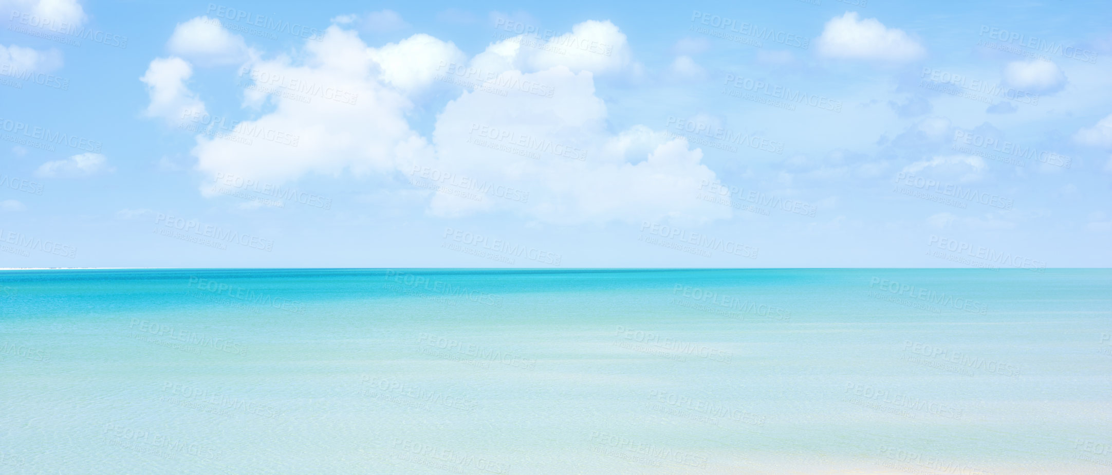 Buy stock photo Blue sky, clouds and wallpaper with ocean in nature for outdoor environment, peace and calm sea. Island, coast and background of water in summer for holiday, view and travel destination in Maldives