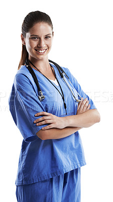 Buy stock photo Woman, doctor and happy in studio for health care on white background, excited and satisfied with career. Female person, confident and smile in portrait as medical professional, expert and support.
