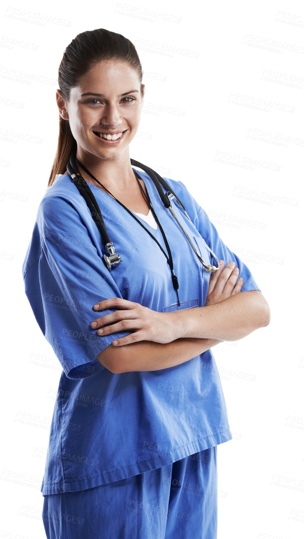 Buy stock photo Woman, doctor and arms crossed in studio for healthcare on white background, happy and satisfied with career. Surgeon, confident and smile in portrait as medical professional, expert and support.
