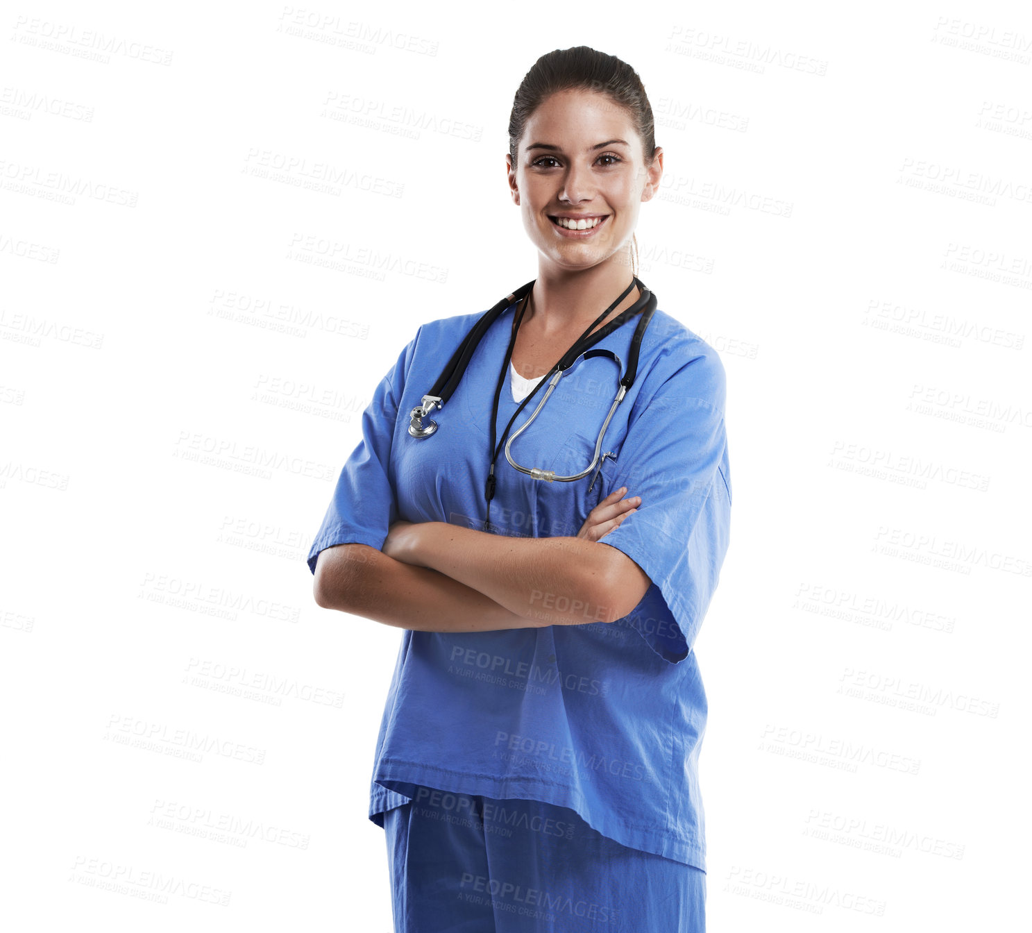 Buy stock photo Studio portrait of a beautiful young doctor standing with her arms crossed against a white background
