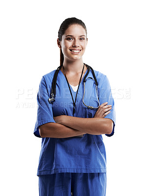 Buy stock photo Woman, doctor and confident in studio for health care on white background, excited and satisfied with career. Female person, confident and happy in portrait as medical professional, expert and smile
