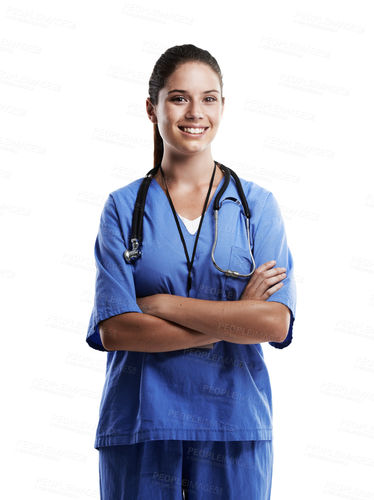 Buy stock photo Woman, doctor and confident in studio for health care on white background, excited and satisfied with career. Female person, confident and happy in portrait as medical professional, expert and smile
