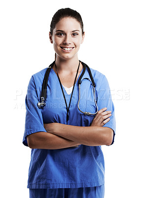 Buy stock photo Woman, doctor and happiness in studio for health care on white background, excited and satisfied with career. Female person, confident and smile in portrait as medical professional or expert. 

