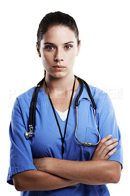 Buy stock photo Woman, doctor and serious in studio for health care on white background, excited and satisfied with career. Female person, confident and confident in portrait as medical professional and expert
