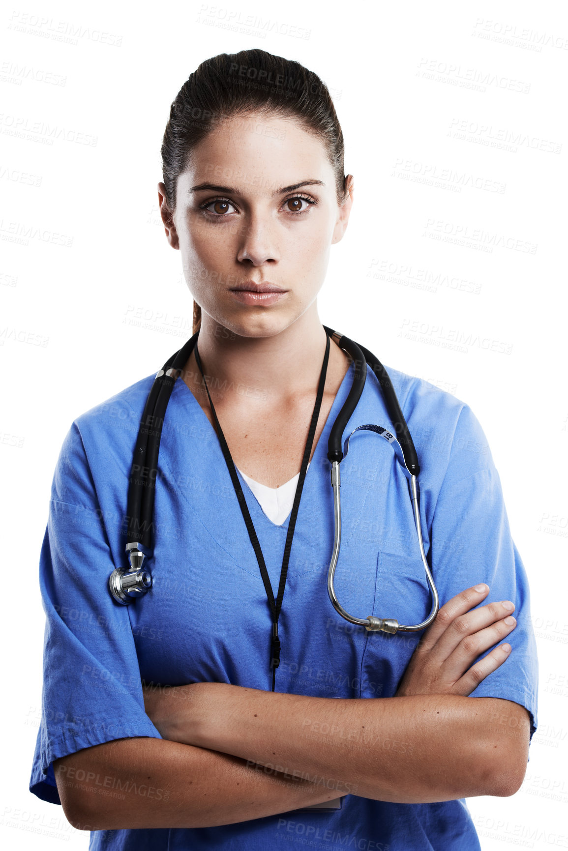 Buy stock photo Woman, doctor and serious in studio for health care on white background, medical and expert in career. Female person, surgeon and confident in portrait as professional in medicine and scrubs
