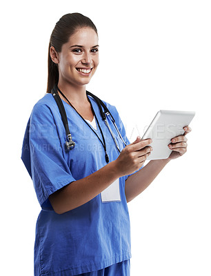 Buy stock photo Studio portrait of a beautiful young doctor holding a digital tablet against a white background
