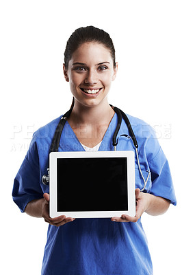 Buy stock photo Tablet, nurse and portrait of woman on a white background for medical website, telehealth and news. Stethoscope, healthcare and person with tech screen for cardiology, online consulting and service