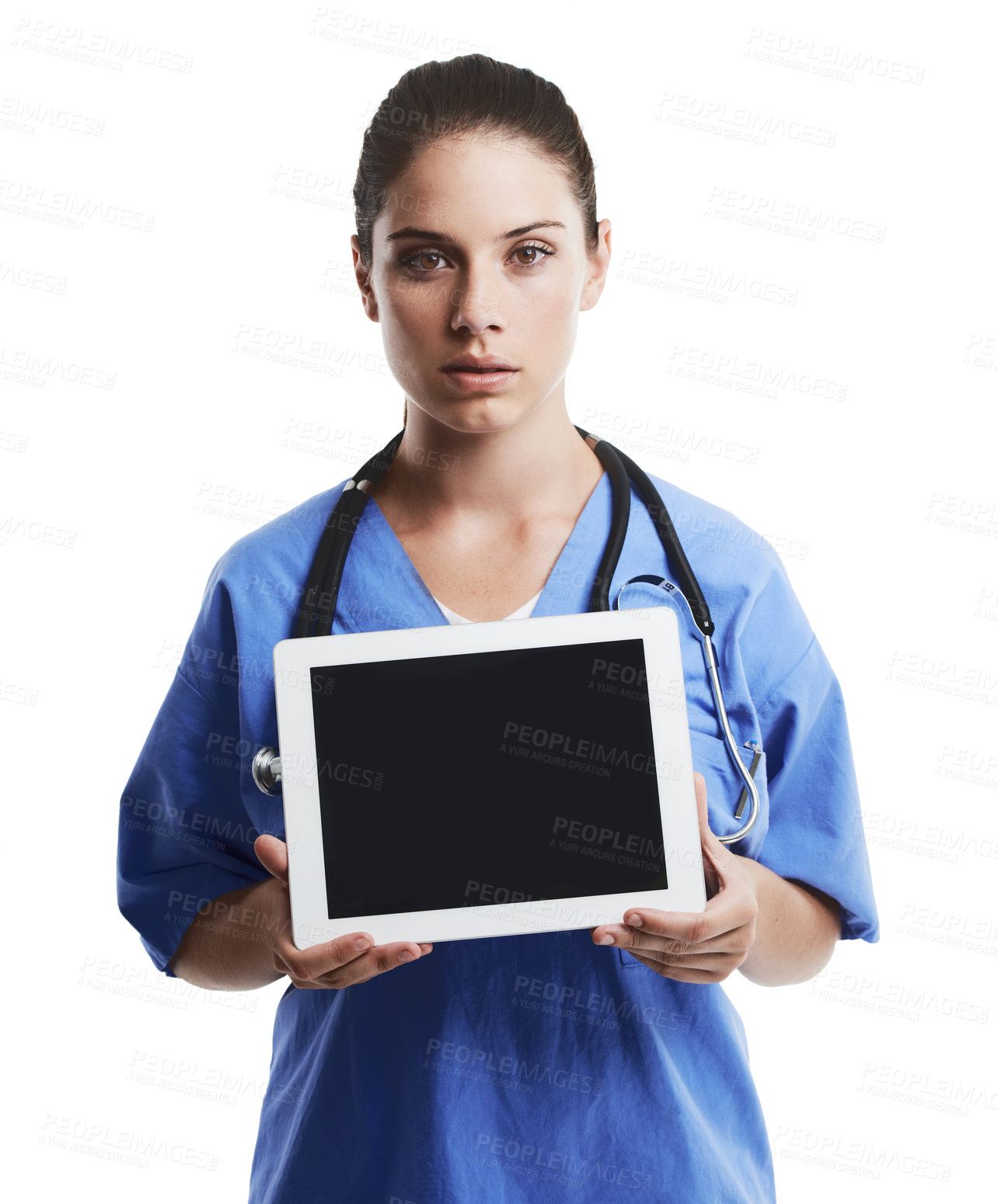 Buy stock photo Studio shot of a beautiful young doctor showing you the blank screen of a digital tablet against a white background
