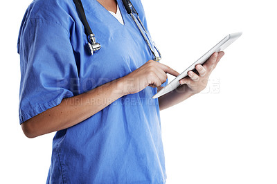Buy stock photo Hands, tablet and woman doctor in studio for health newsletter, information or medicine research on white background. Digital, app or nurse with online, consulting or Telehealth service communication