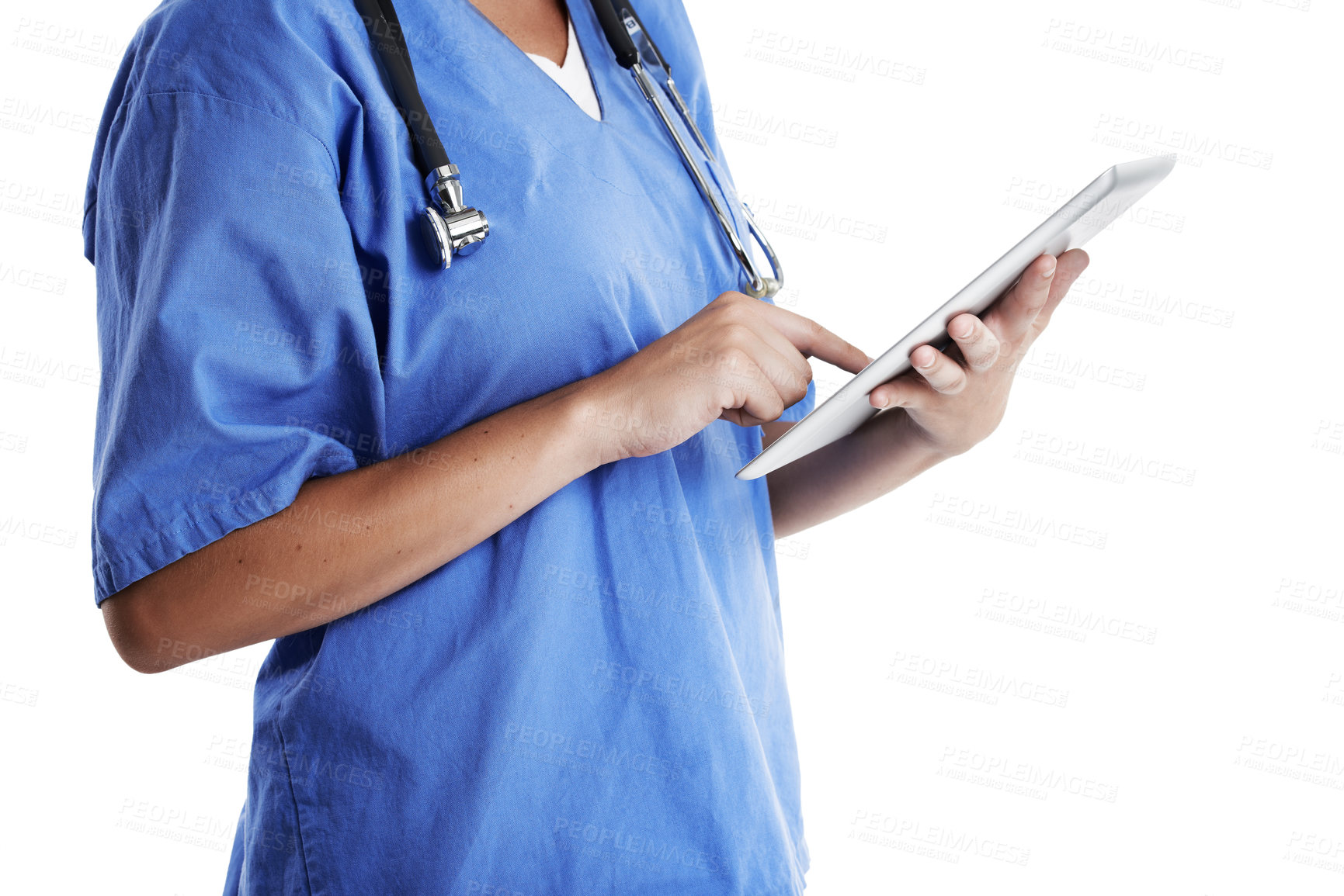 Buy stock photo Hands, tablet and woman doctor in studio for health newsletter, information or medicine research on white background. Digital, app or nurse with online, consulting or Telehealth service communication