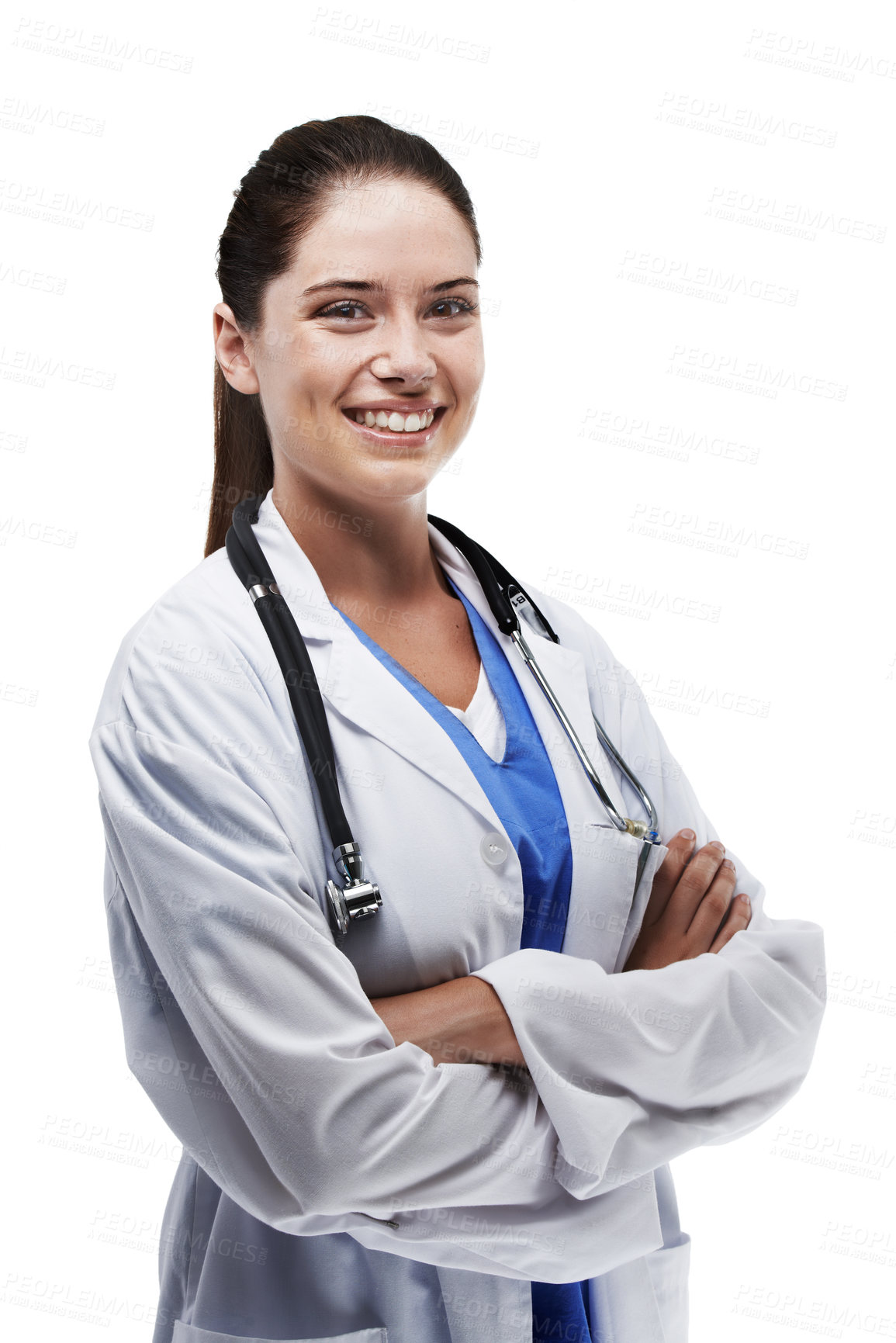 Buy stock photo Studio portrait of a beautiful young doctor standing with her arms crossed against a white background