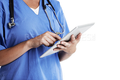Buy stock photo Tablet, hands and woman doctor on studio mockup for newsletter, information or medicine research on white background. Digital, app or nurse with online, consulting or Telehealth service communication