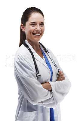 Buy stock photo Confidence, portrait and doctor in studio for medicare, service and woman surgeon on white background. Female person, specialist and cardiologist for heart care, physician and pride in consulting
