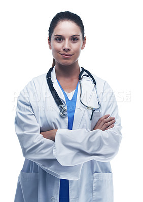 Buy stock photo Woman, portrait and doctor in studio for confidence, healthcare and cardiology on white background. Happy female person, arms crossed and surgeon for heart care, diagnosis and pride for medic service