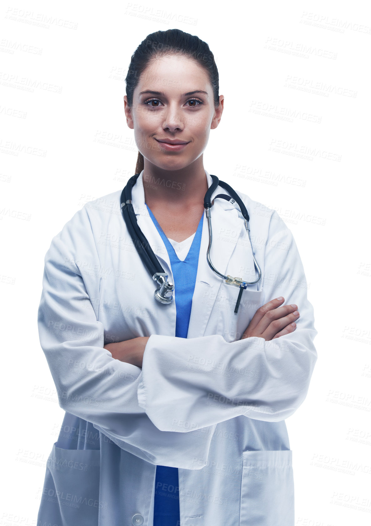 Buy stock photo Woman, portrait and doctor in studio for confidence, healthcare and cardiology on white background. Happy female person, arms crossed and surgeon for heart care, diagnosis and pride for medic service