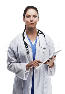 Buy stock photo Tablet, doctor and portrait of woman on a white background for medical website, telehealth and research. Stethoscope, healthcare and person with tech for cardiology, online consulting and service
