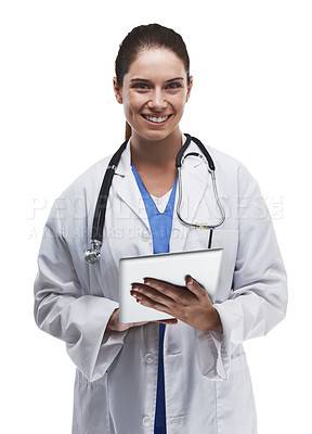 Buy stock photo Studio shot of a beautiful young doctor using a digital tablet against a white background
