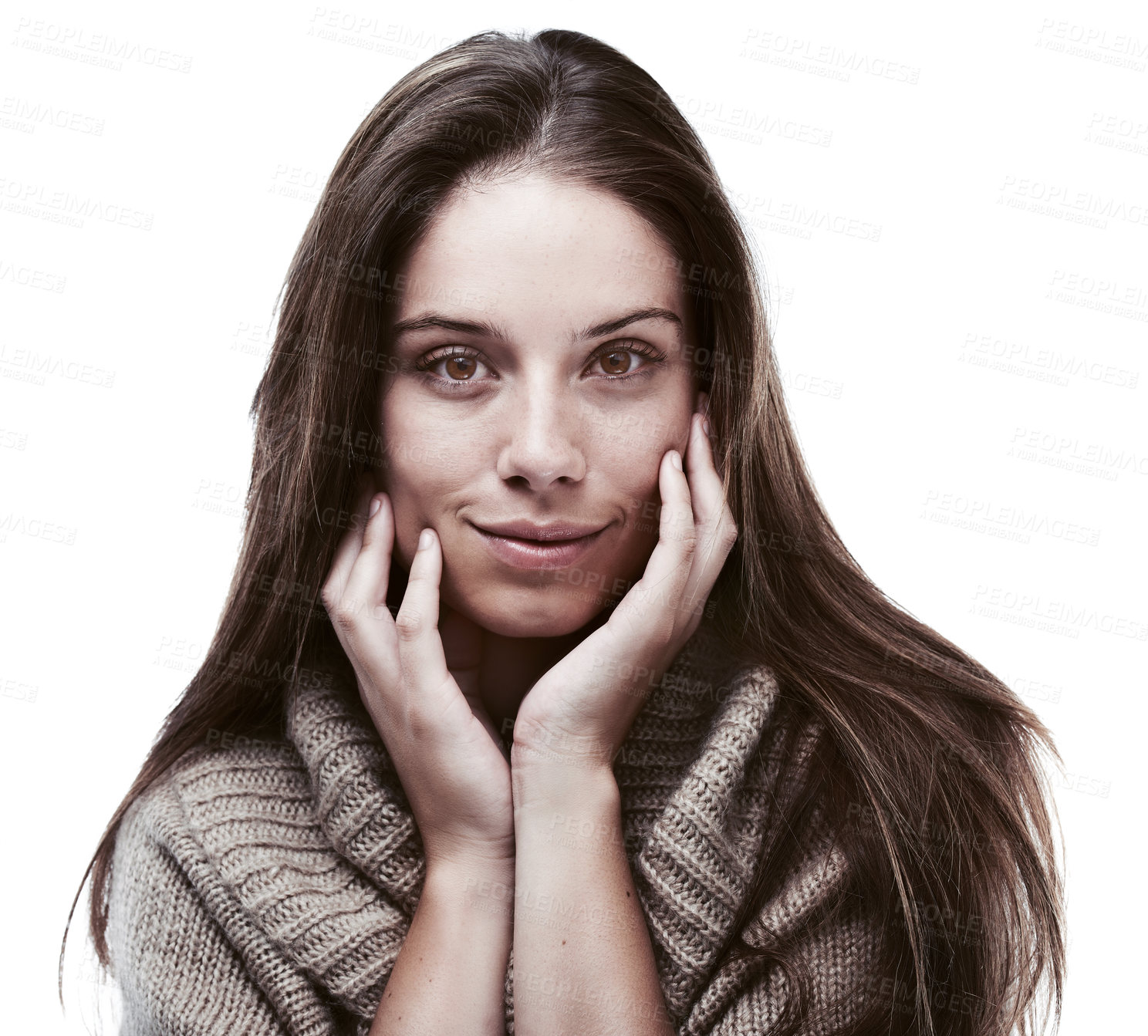 Buy stock photo Woman, portrait and beauty with smile or fashion in studio with organic cotton clothes for sustainability in winter. Model, person and happy face with eco friendly style or pride on white background