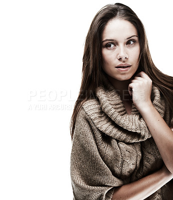 Buy stock photo Girl, jumper and thinking in studio by space for mockup, winter style or organic cotton by white background. Woman, natural fiber and sustainable fashion with memory, winter and eco friendly clothes