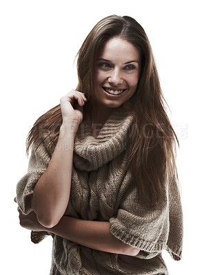 Buy stock photo Woman, face and beauty with smile or fashion in studio with organic cotton clothes for sustainability in winter. Model, person and confidence with eco- friendly style and pride on white background