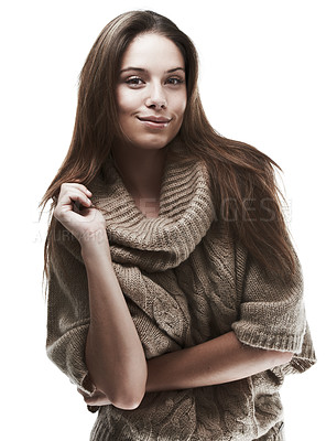 Buy stock photo Woman, portrait or winter with smile or fashion in studio with organic cotton clothes for sustainability. Model, person or happy face with eco friendly style, pride or confidence on white background