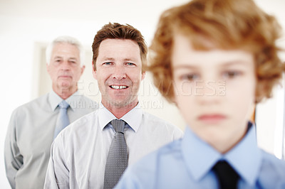 Buy stock photo Father, grandfather and kid in portrait at home with love, care and support or bonding. Family business, generation and face of boy heir with men in house for learning, security or future inheritance