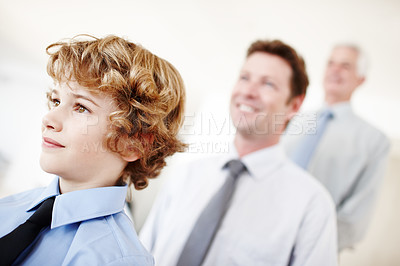 Buy stock photo Boy, happy and care in home with family, bonding and generations together or love. Male person, son and smiling kid for child development, lounge and dad or grandpa in childhood or people in house