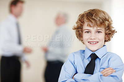 Buy stock photo Happy, career day and portrait of child with crossed arms in suit for working, job and learning. Business, professional and young boy in office for employee, worker and entrepreneur for company