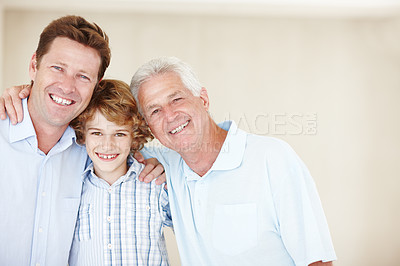 Buy stock photo Portrait of grandpa, father and child hug in home for bonding, happy relationship and generations. Family, childhood and senior grandfather, dad and young boy embrace for love, weekend and relax