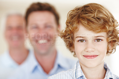 Buy stock photo Row, kid and father or grandfather portrait with smile for bonding, love and relax with generations. Happy family, men and boy child with blur for support, care and together with confidence and pride