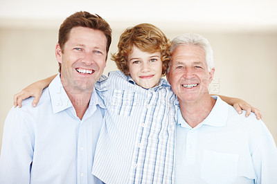 Buy stock photo Hug, father and grandfather or son portrait with smile for bonding, love and relax with generations. Happy family, men and boy child in home for support, care and embrace with confidence and pride