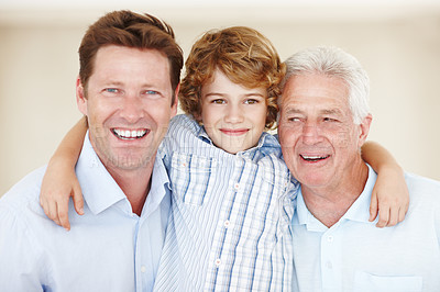 Buy stock photo Embrace, father and grandfather or son portrait with smile for bonding, love and relax with generations. Happy family, men and boy child in home for support, care and hugging with confidence or pride