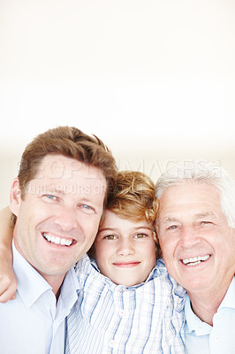 Buy stock photo Hug, man and grandfather or son portrait with smile for bonding, love and relax with generations. Happy family, men and boy child in home for support, mockup space or embrace with confidence or pride