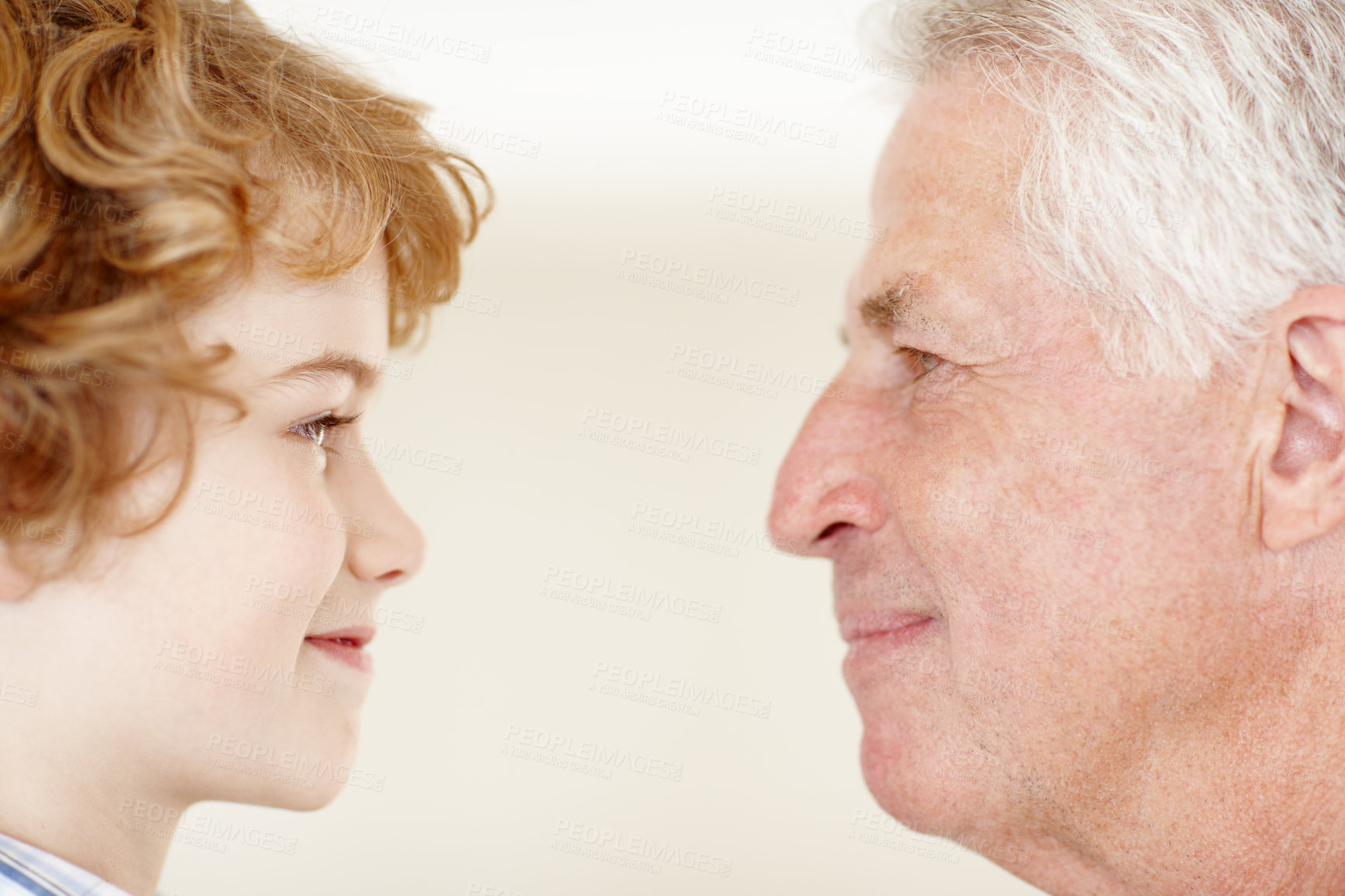 Buy stock photo Face, youth and senior man or child with ageing look and elderly person or kid as family. Aging guy, grandson and new generation in lounge on weekend visit, happy closeup and change or memory