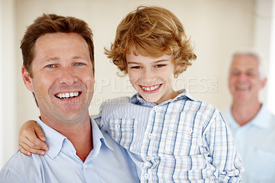 Buy stock photo Happy, family and portrait of father and child in home together for bonding, relationship and fun. Hug, childhood and dad, young boy and grandfather embrace for love, support and relax on weekend