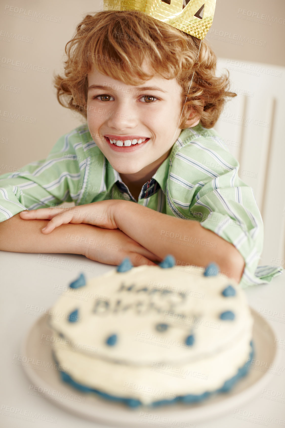 Buy stock photo Birthday party, cake and boy in portrait with smile in family home for celebration, growth or milestone. Dessert, decoration and sweet pastry for event, gift or food for child in dining room at house