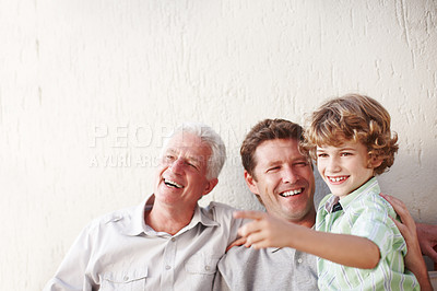 Buy stock photo Pointing, family and grandpa, father and child in home for bonding, happy relationship and generations. Wall background, smile and grandfather, boy and dad relaxing in garden with view on weekend