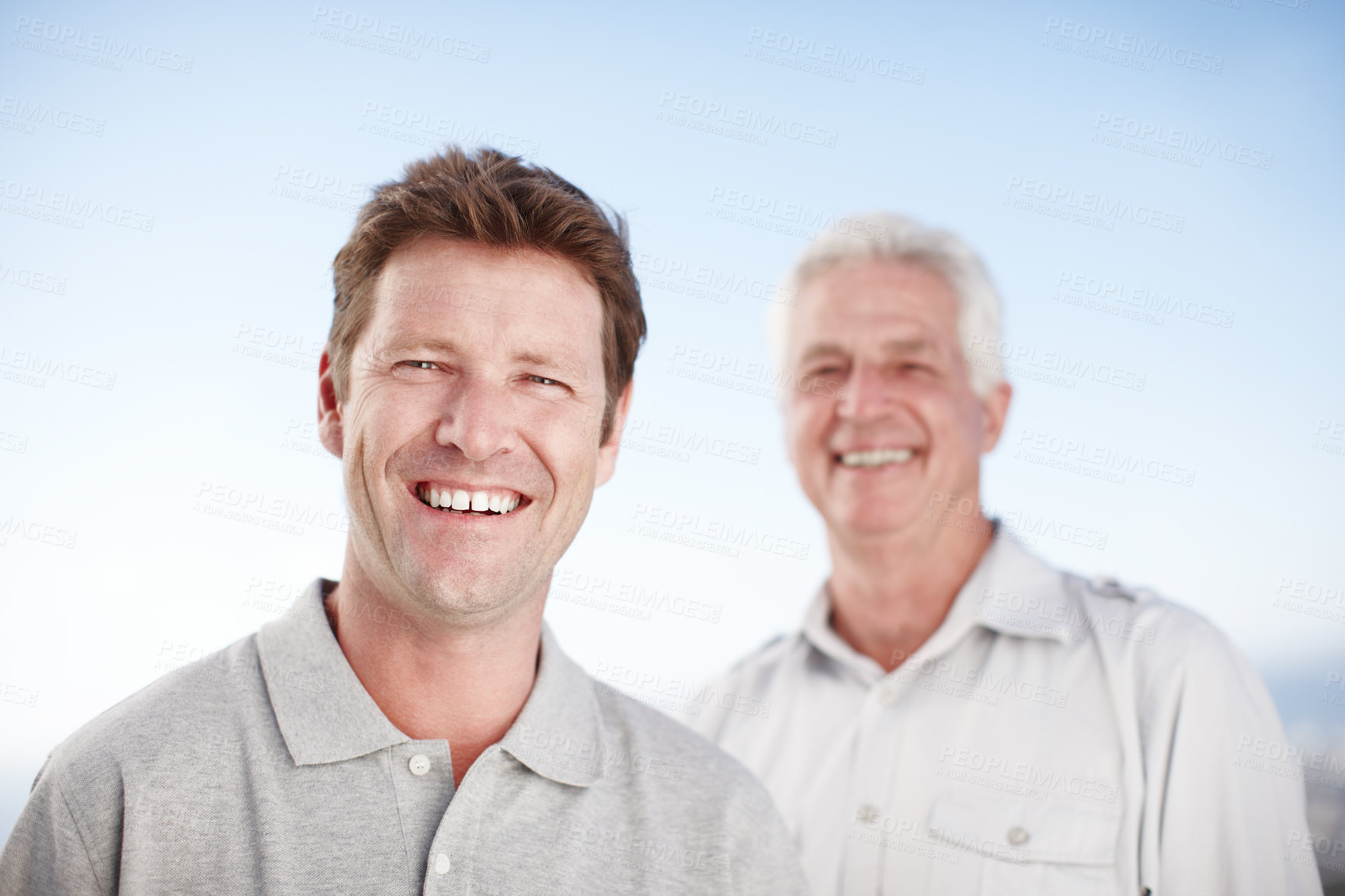 Buy stock photo Senior father, man and outdoor for portrait with smile, care and bonding on vacation with summer sky. Elderly dad, son and happy together with nature, sunshine and connection on holiday in Australia