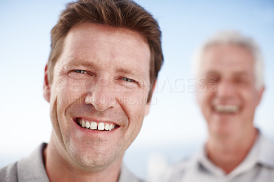 Buy stock photo Man, senior dad and outdoor for portrait with smile, blur and love on vacation for family bonding. Elderly father, son and happy together with nature, sunshine and connection on holiday in Australia